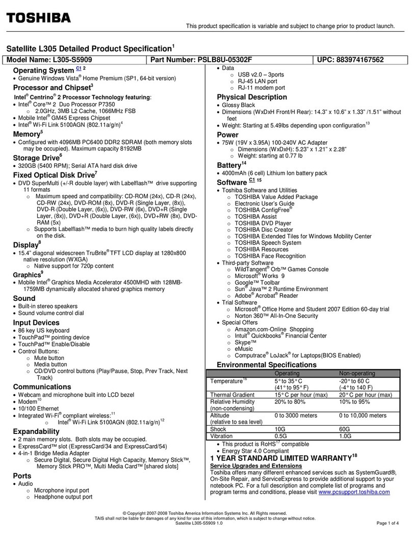 Toshiba L305 S5909 - Satellite - Core 2 Duo GHz Specifications