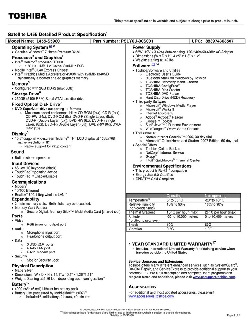 Toshiba L455-S5980 - Satellite - Celeron 1.8 GHz User manual
