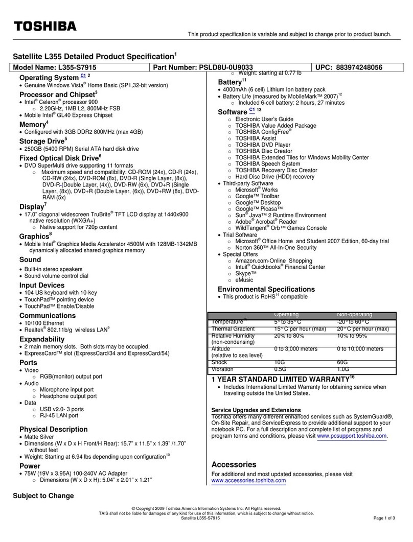 Toshiba L355-S7915 - Satellite - Celeron 2.2 GHz User manual