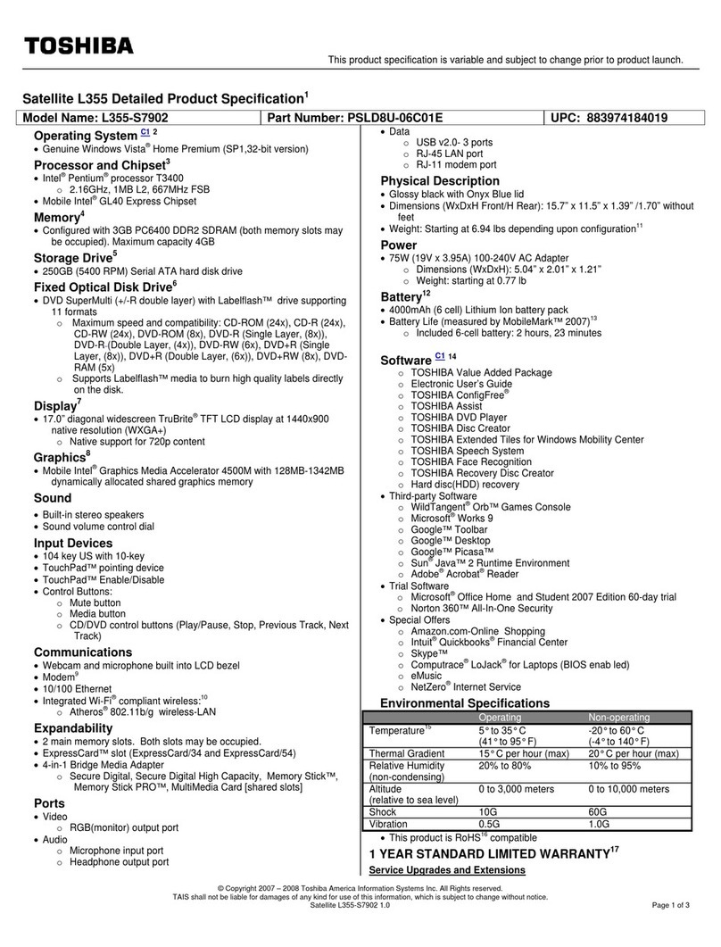 Toshiba L355-S7902 - Satellite - Pentium Dual Core 2.16... User manual