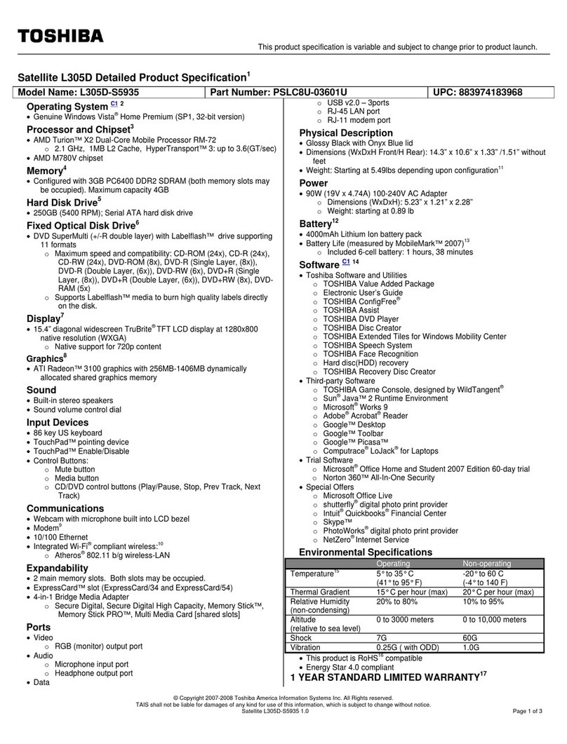 Toshiba L305D-S5935 - Satellite - Turion X2 2.1 GHz Specifications