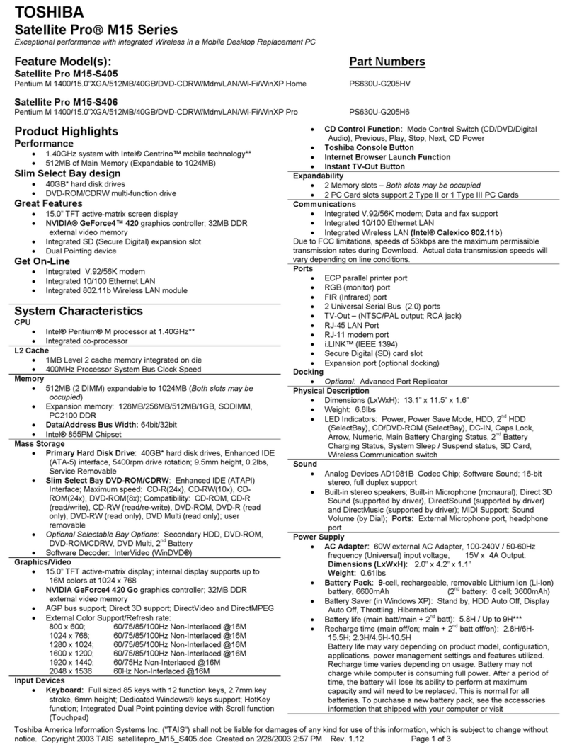 Toshiba Satellite Pro M15-S405 User manual