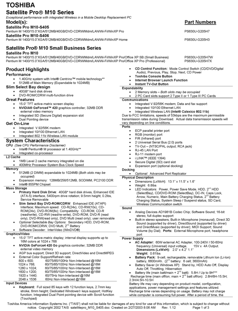 Toshiba Satellite Pro M10-S405 User manual