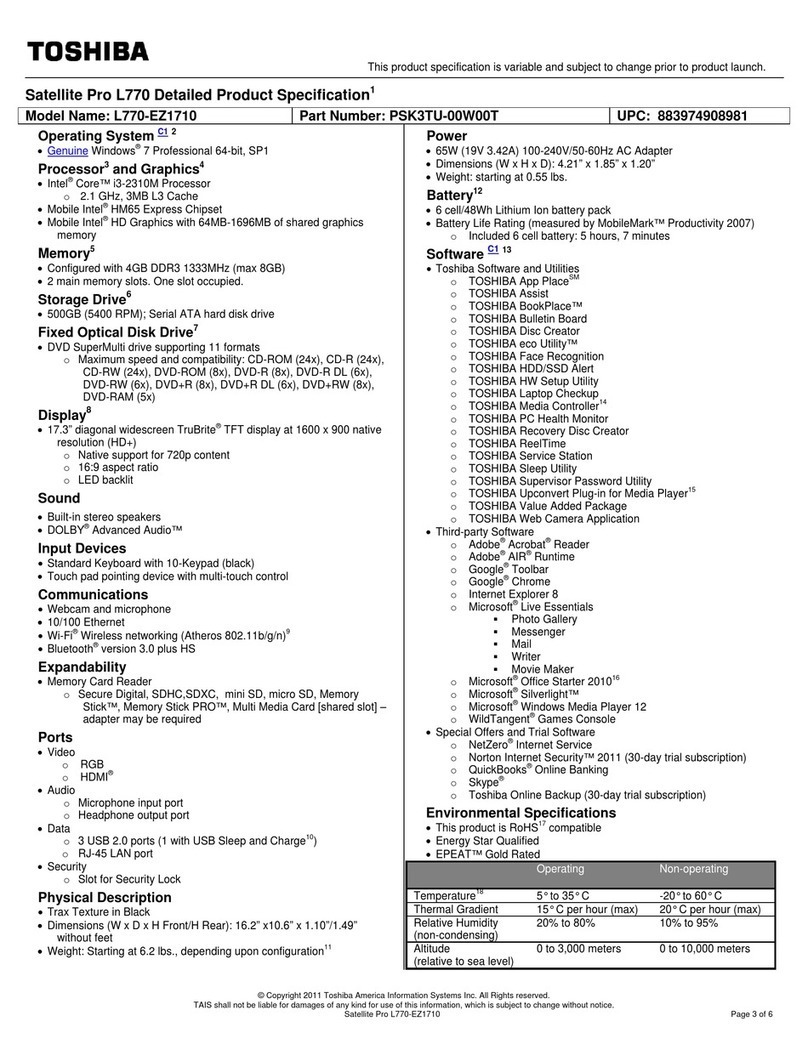 Toshiba Satellite Pro L770 Specifications
