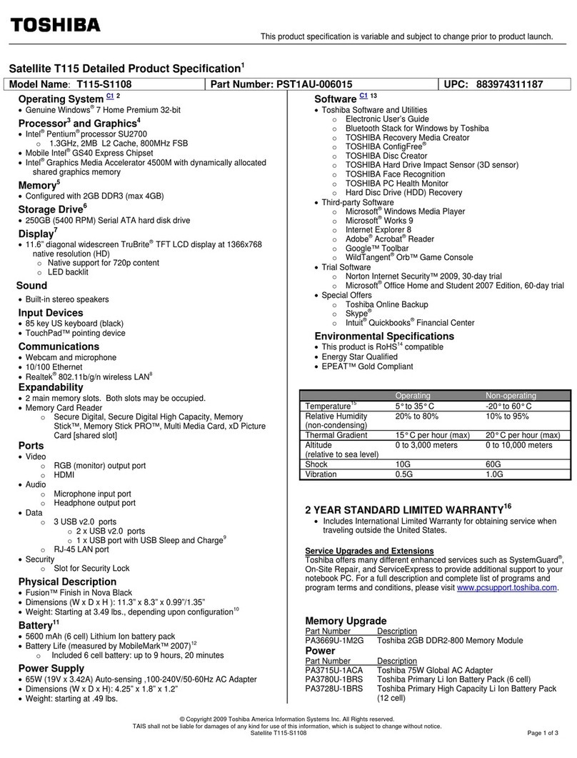 Toshiba T115-S1108 Specifications