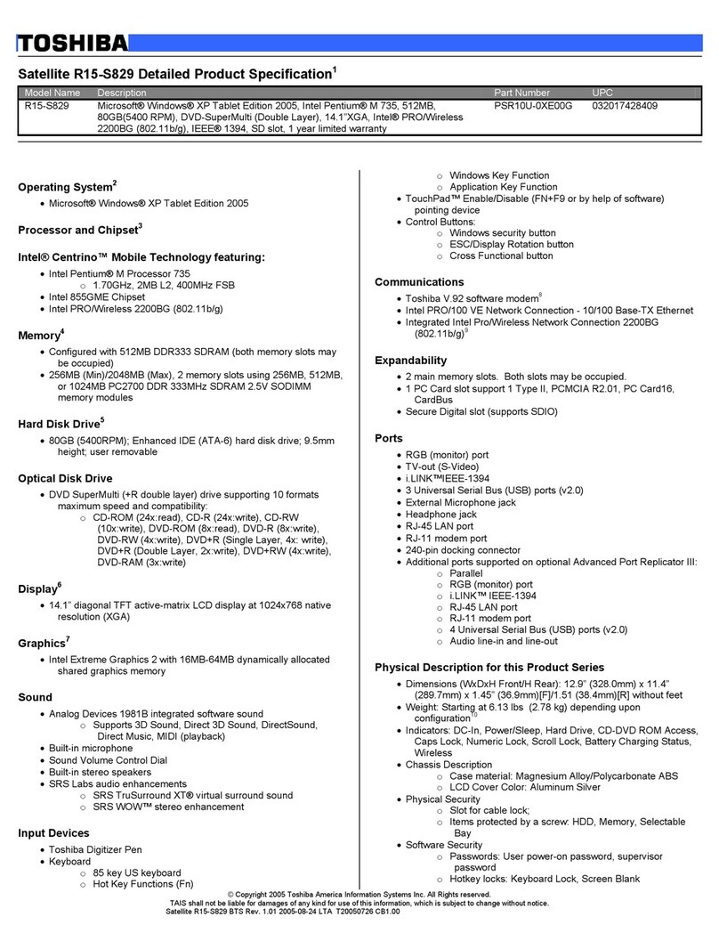Toshiba R15S829 - Satellite - Pentium M 1.7 GHz User manual