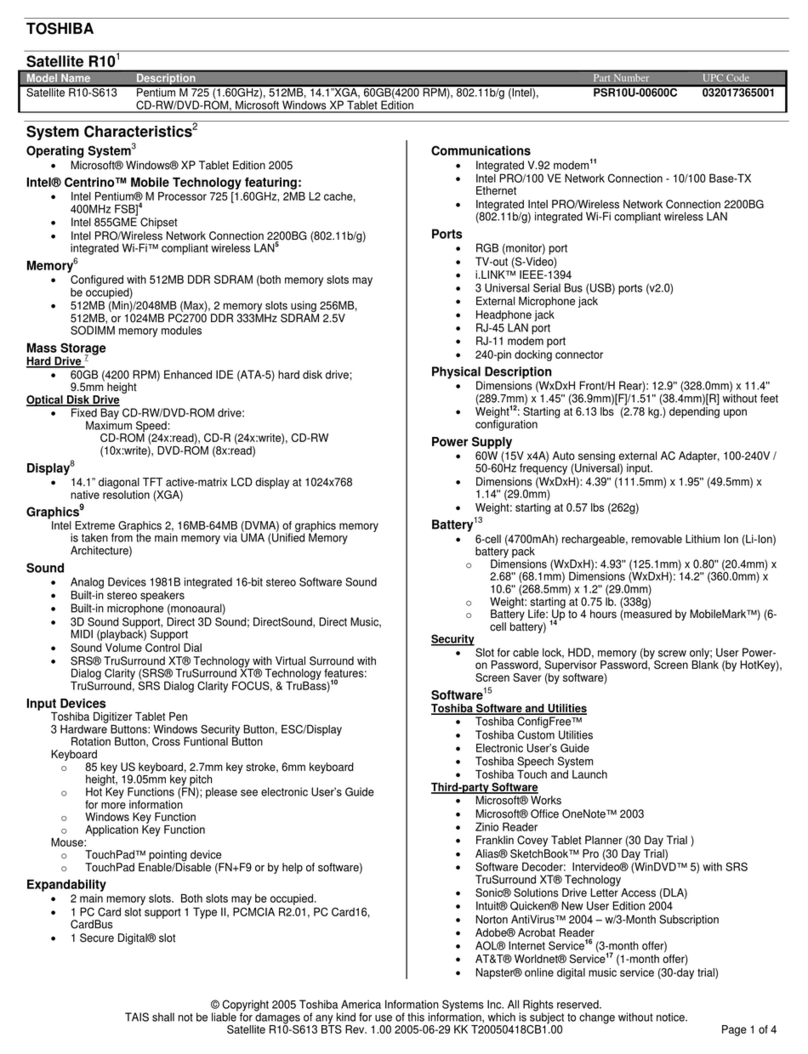 Toshiba R10-S613 Specifications