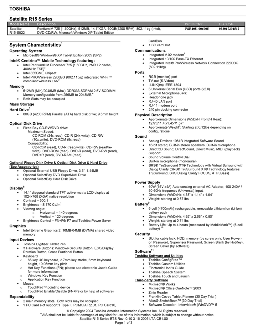 Toshiba R15-S822 Specifications