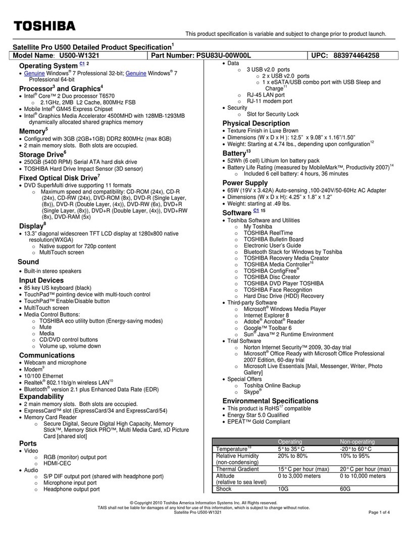 Toshiba U500-W1321 Specifications