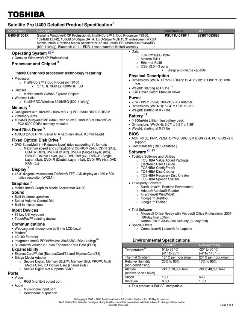 Toshiba Satellite Pro U400-S1001X Installation instructions