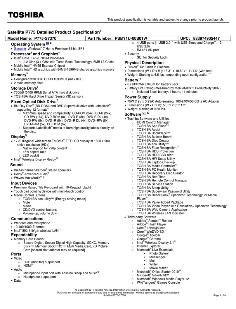 Toshiba P775-S7370 Specifications