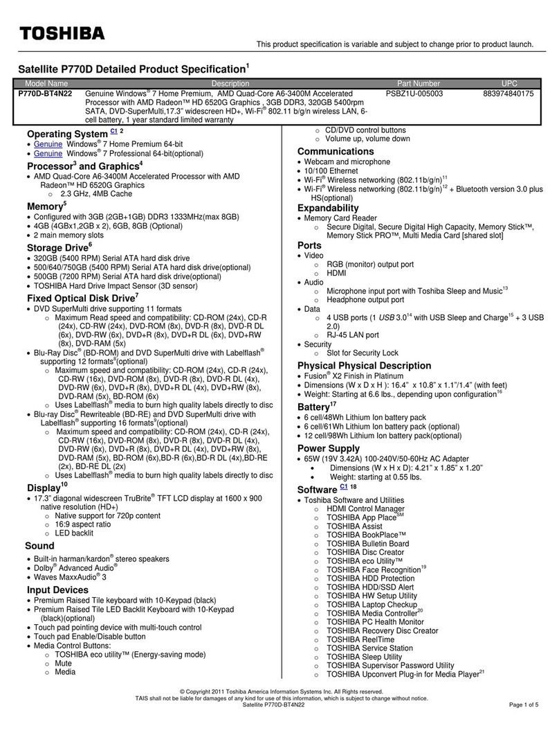 Toshiba Satellite P770D-BT4N22 Specifications