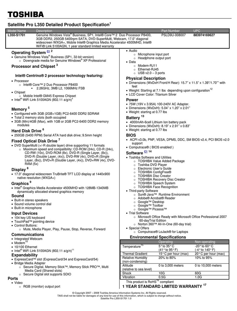Toshiba L350 S1701 - Satellite Pro - Core 2 Duo 2.26... User manual