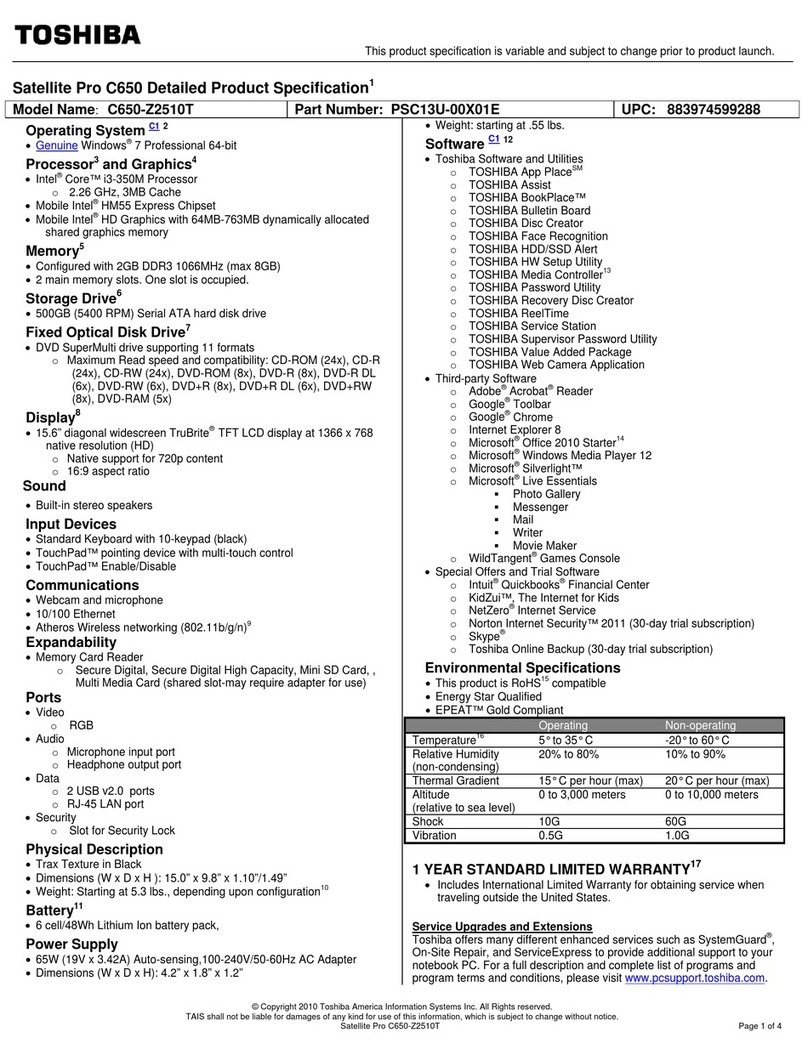 Toshiba Satellite Pro C650-Z2510T Specifications