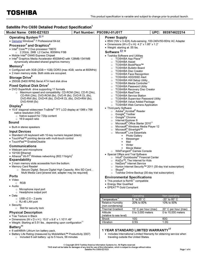 Toshiba Satellite Pro C650 User manual