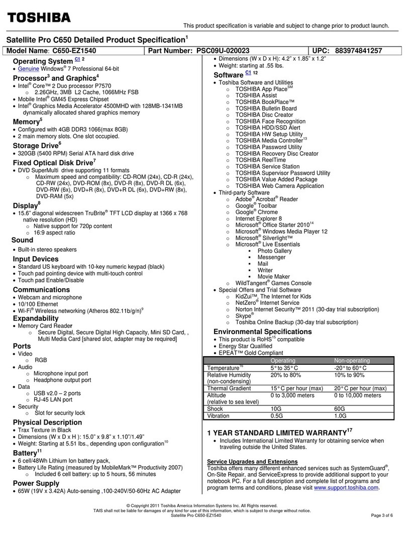 Toshiba Satellite Pro C650 Specifications