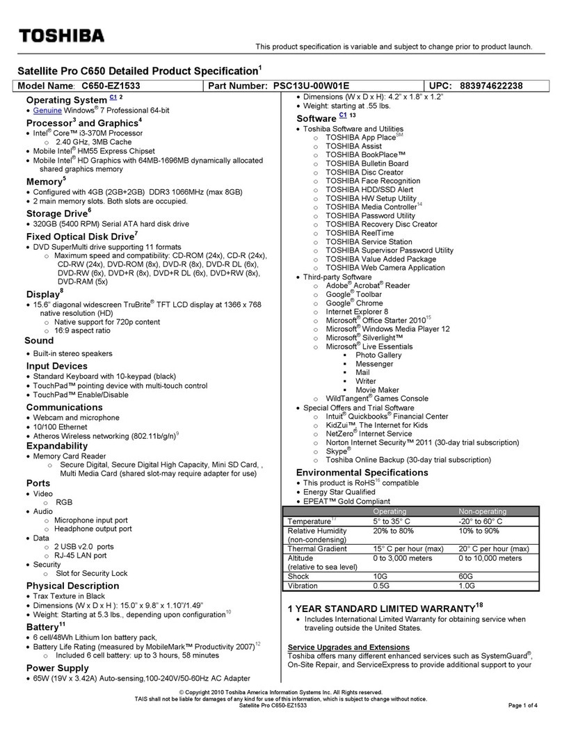 Toshiba Satellite Pro C650 Specifications