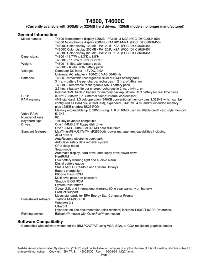 Toshiba T-Series T4600 User manual