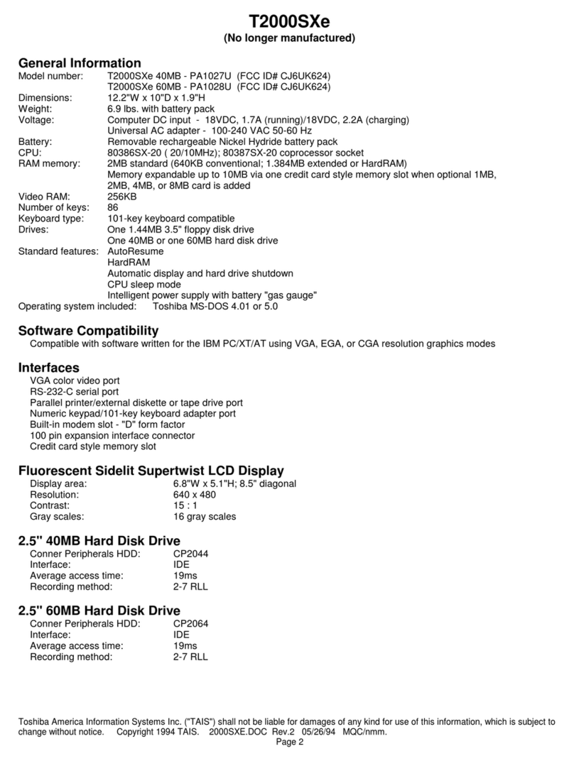 Toshiba T-Series T2000sxe Specifications