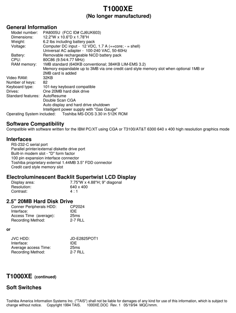 Toshiba T-Series T1000XE Specifications