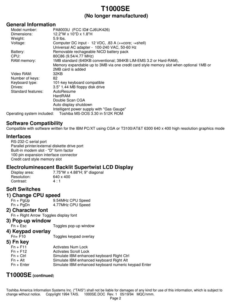 Toshiba T-Series T1000SE Specifications Toshiba T-Series T1000SE Specifications