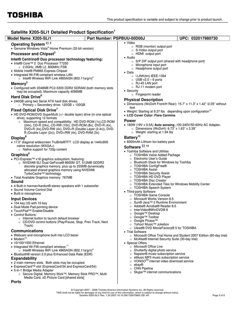 Toshiba Satellite X205-SLi1 Installation instructions