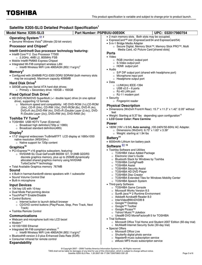 Toshiba X205-SLi3 Specifications