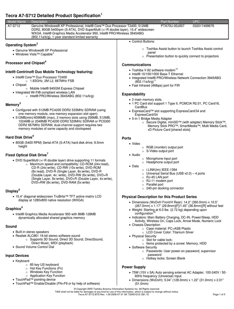 Toshiba Tecra A7-S712 Specifications