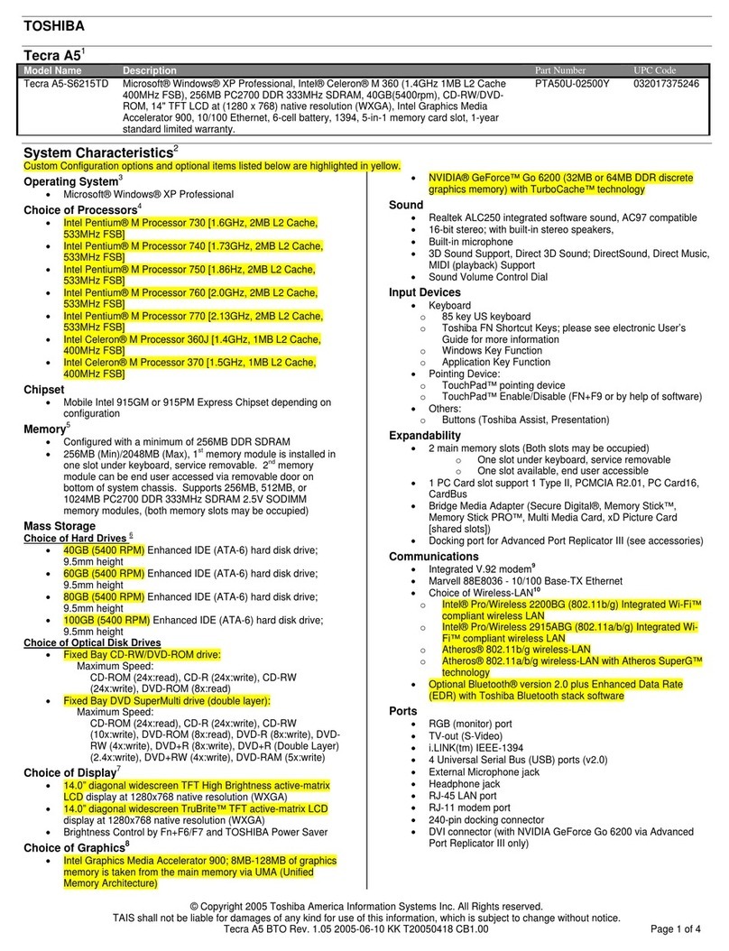 Toshiba A5-S6215TD Specifications