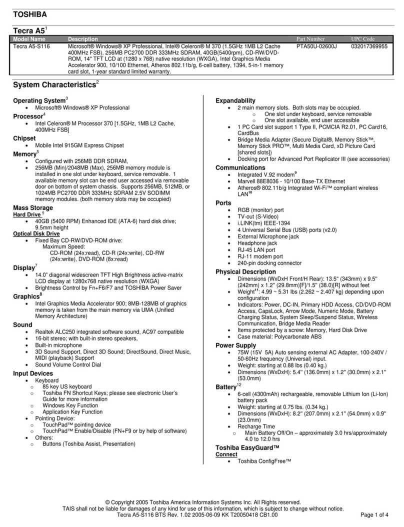 Toshiba A5-S116 Specifications