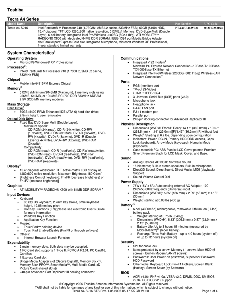 Toshiba A4-S216 Specifications