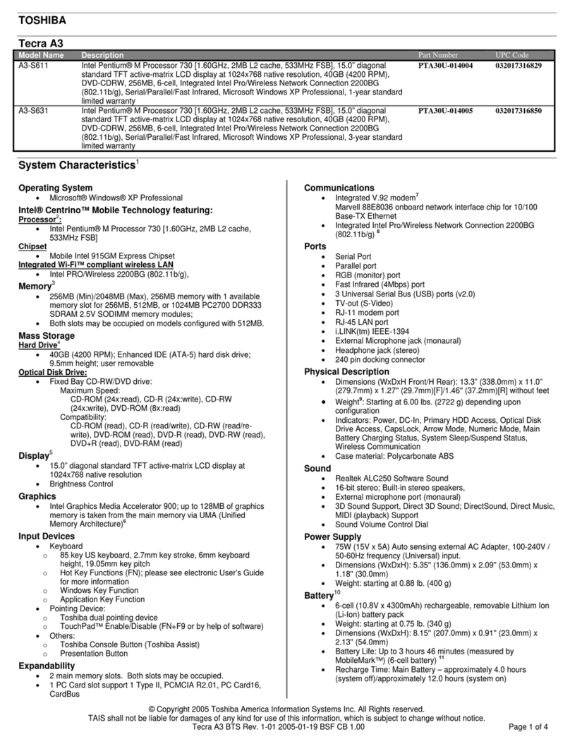Toshiba Tecra A3 Specifications