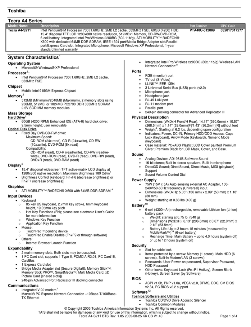 Toshiba A4-S211 Specifications