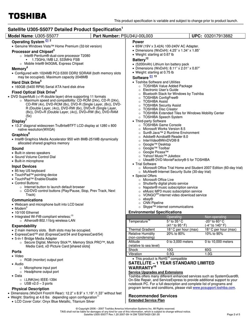 Toshiba U305-S5077 Detailed product specification