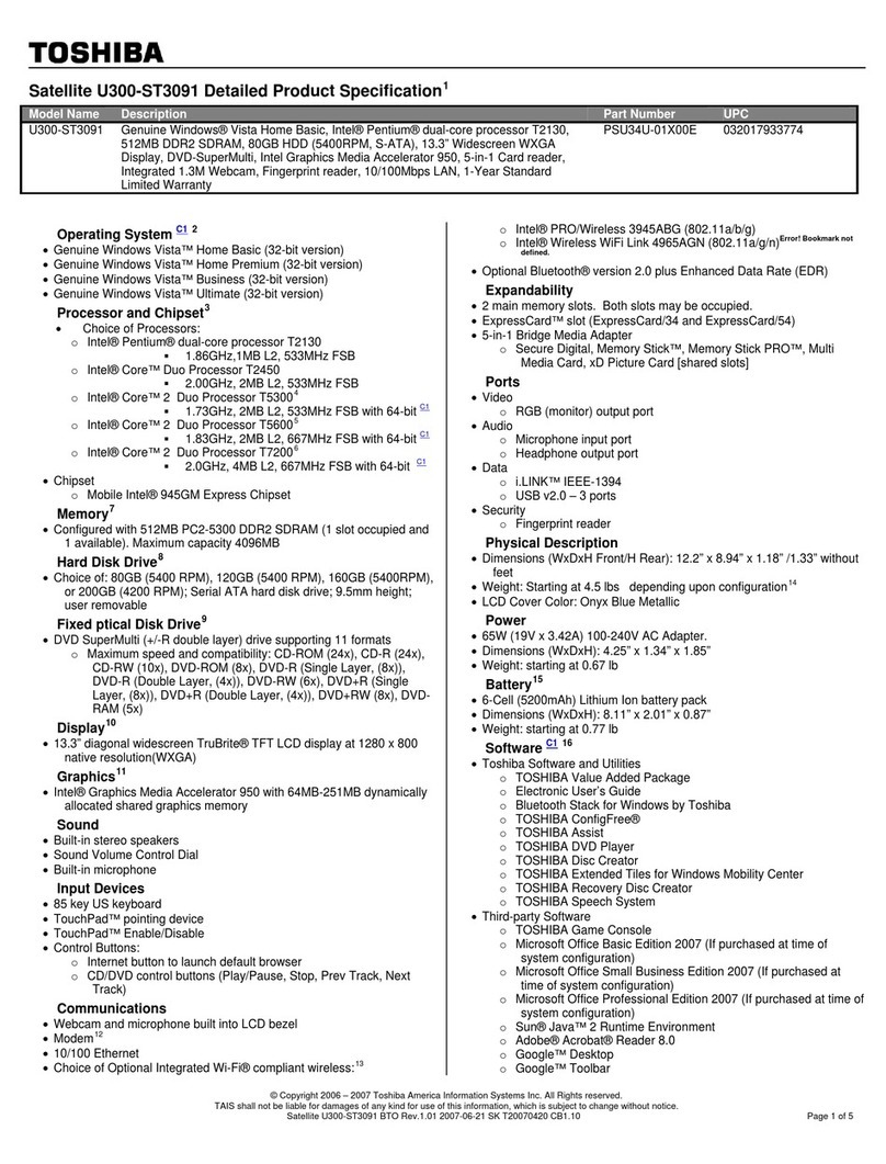 Toshiba U300-ST3091 Specifications