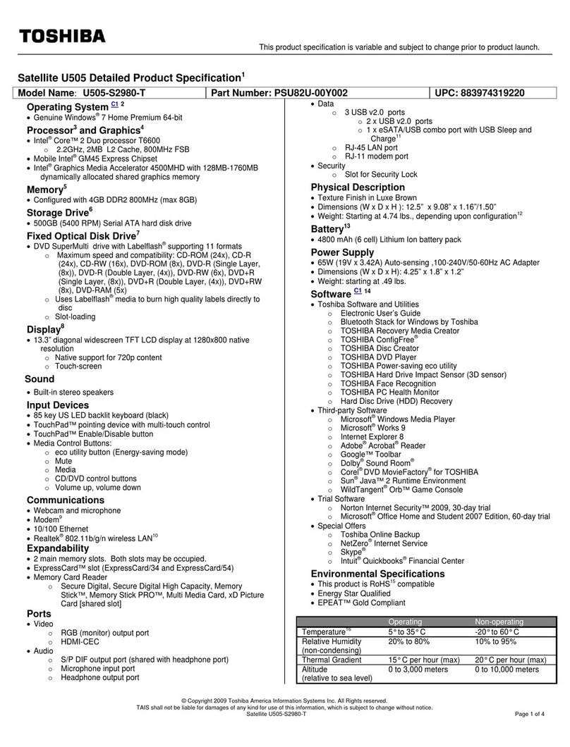 Toshiba Satellite U505-S2980-T User manual