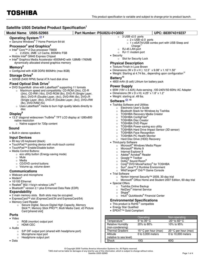 Toshiba Satellite U505-S2965 Specifications