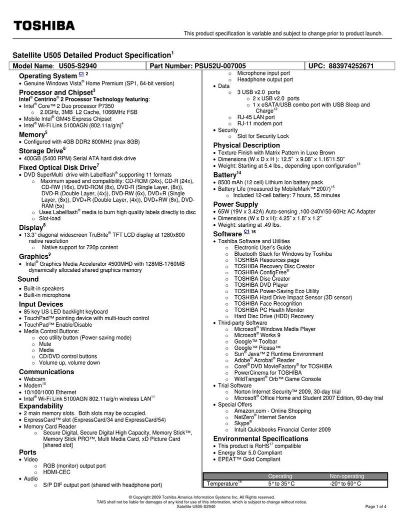 Toshiba U505-S2940 Specifications