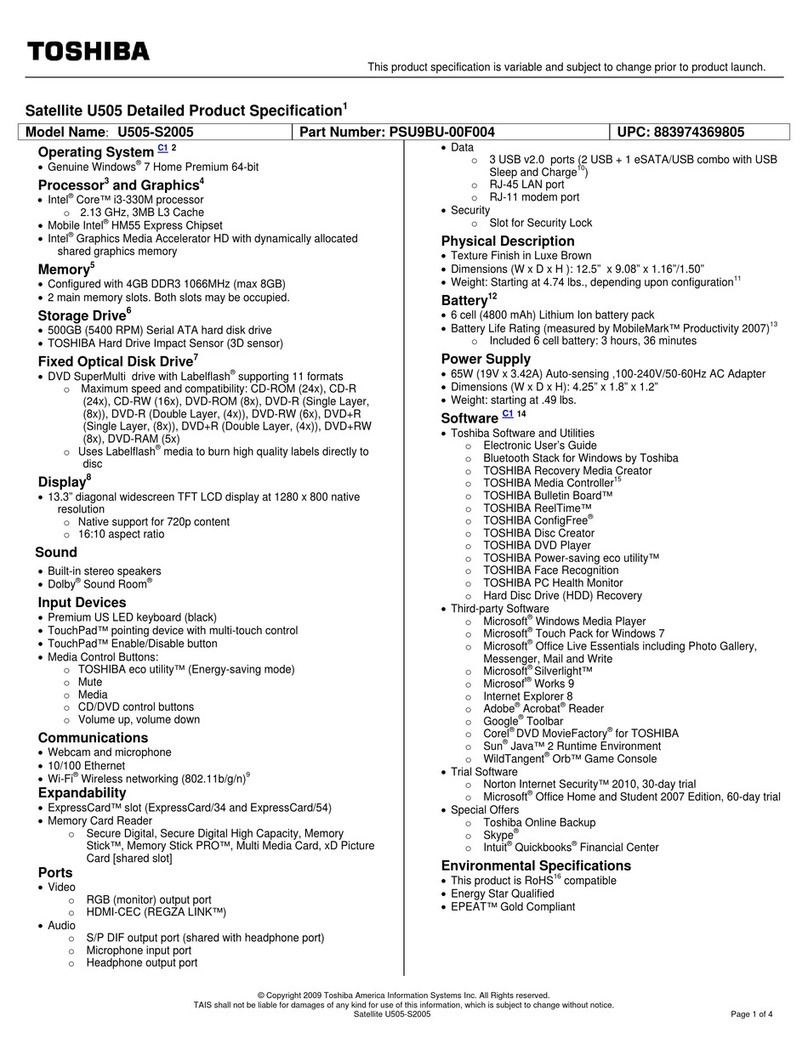 Toshiba U505-S2005 User manual