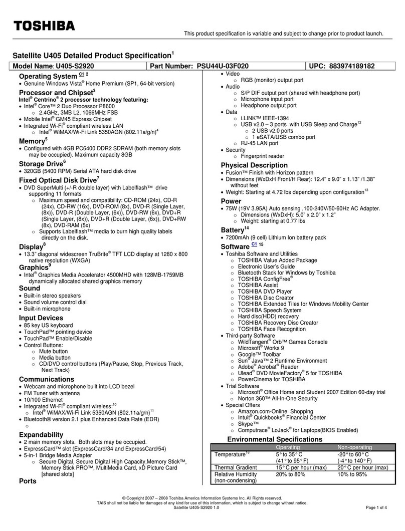 Toshiba U405-S2920 User manual