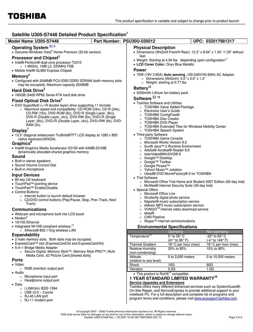 Toshiba Satellite U305-S7448 Detailed product specification