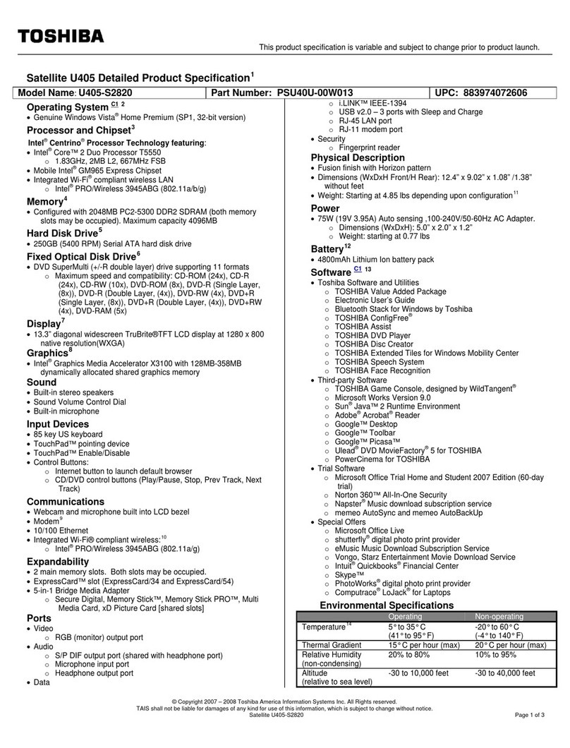 Toshiba U405-S2820 User manual