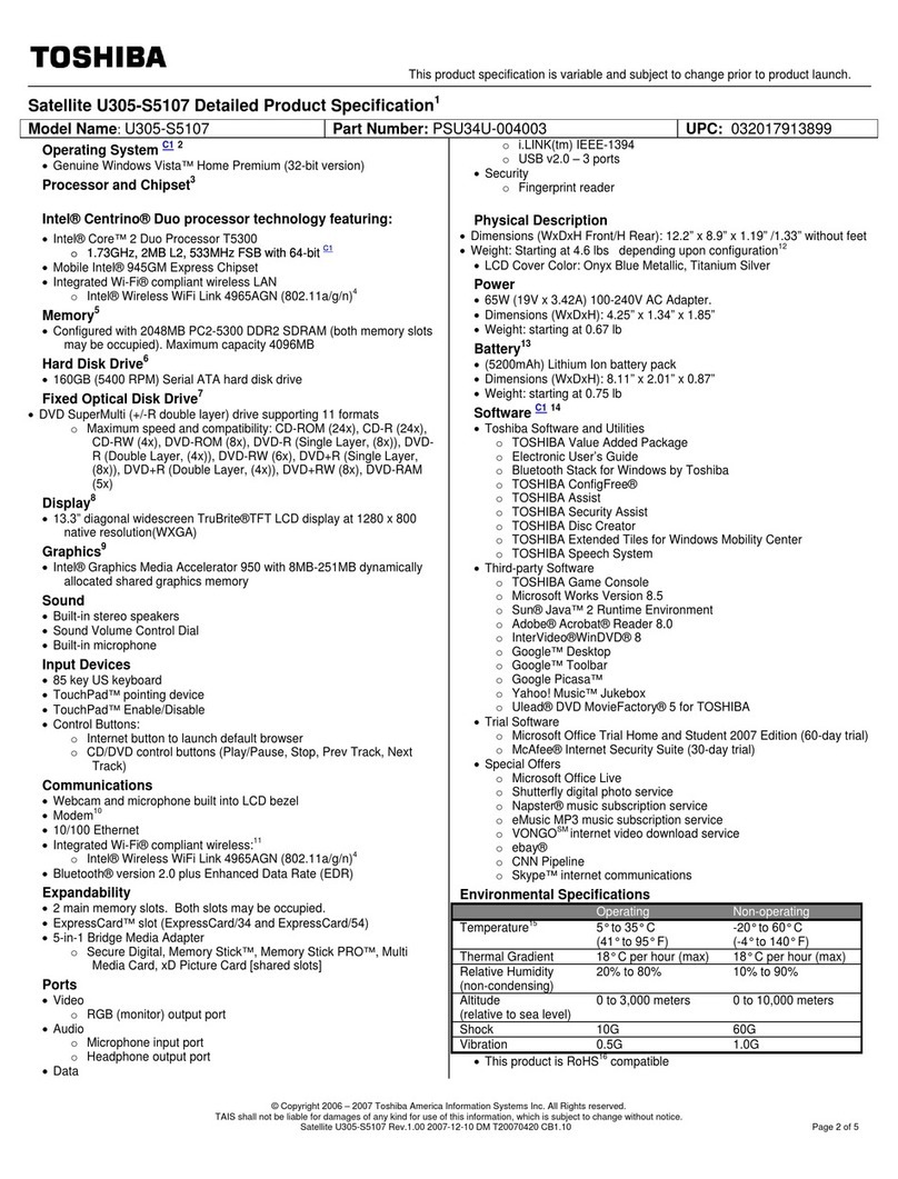 Toshiba U305-S5107 Specifications