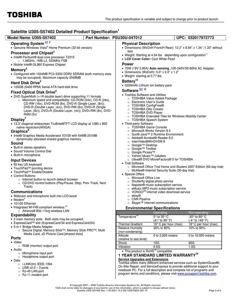Toshiba U305-S57402 Specifications