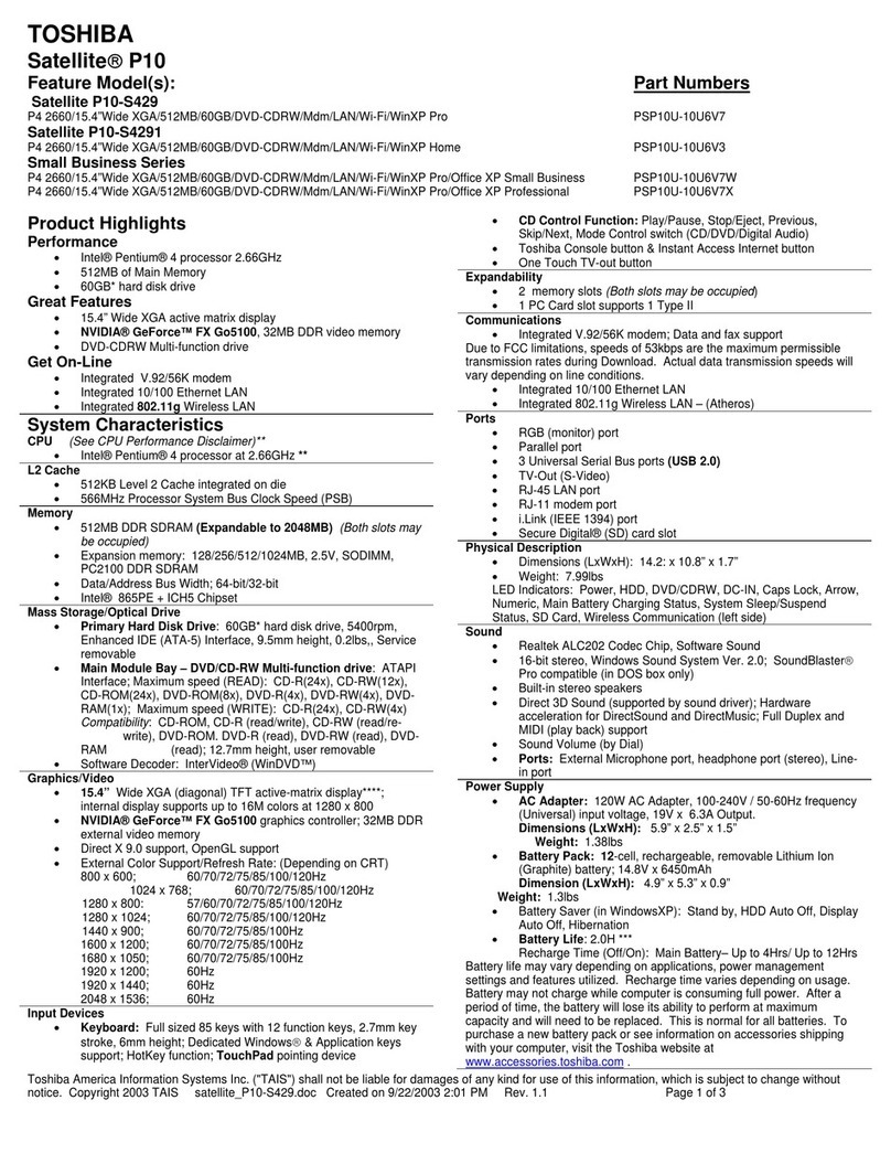 Toshiba Satellite P10-S429 Specifications