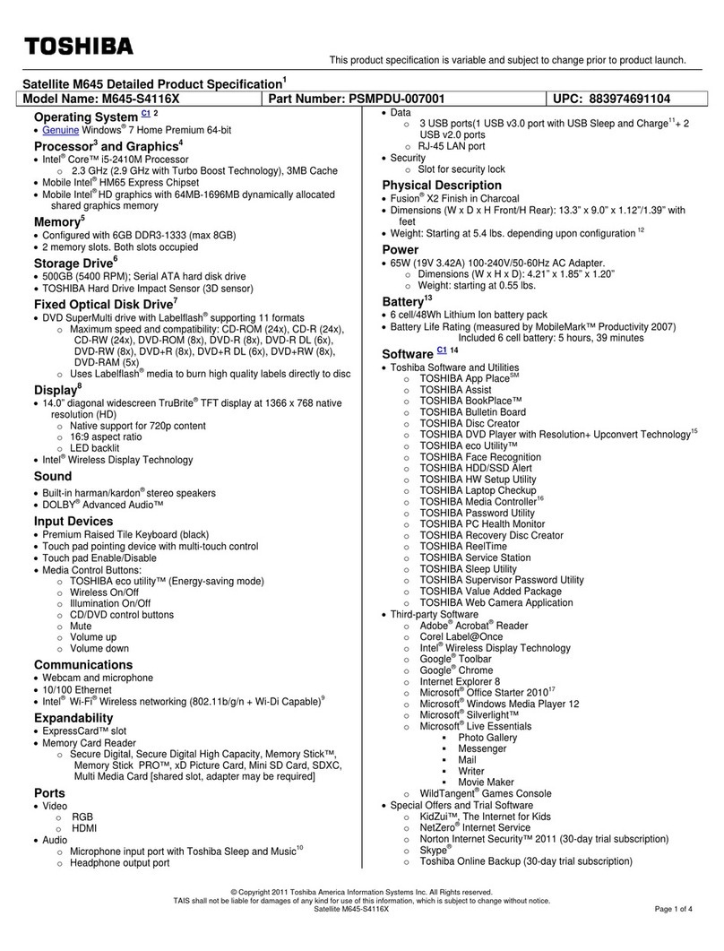 Toshiba Satellite M645-S4116 User manual