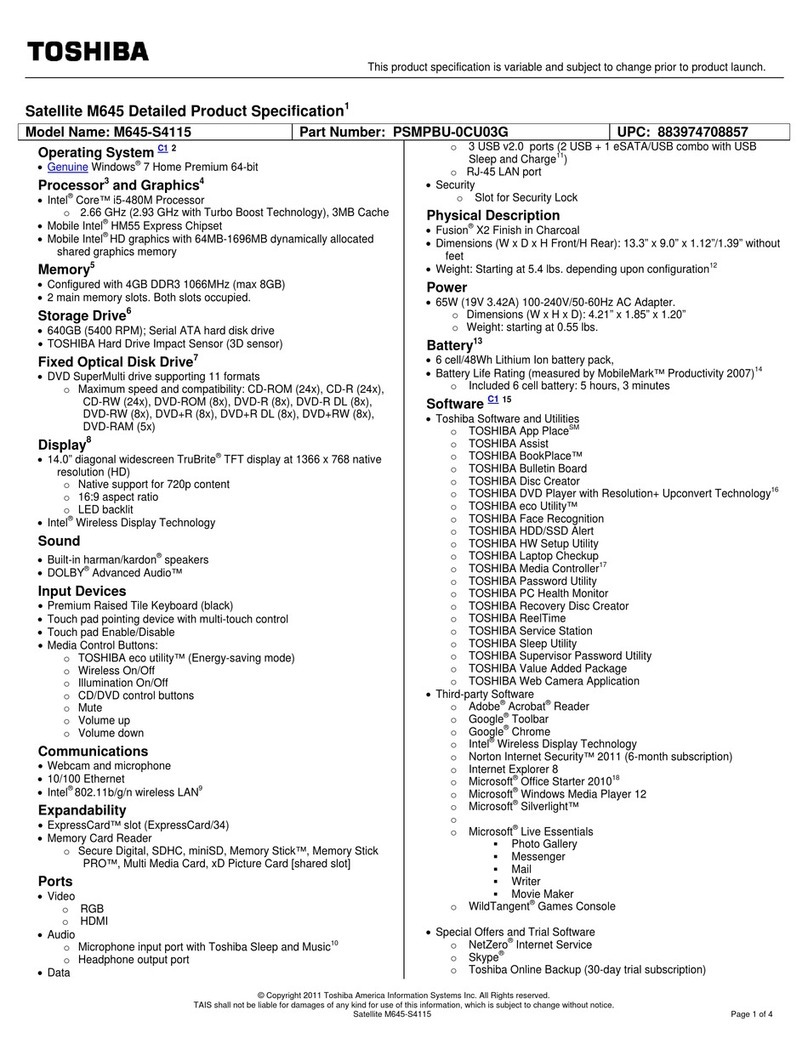 Toshiba M645-S4115 Specifications