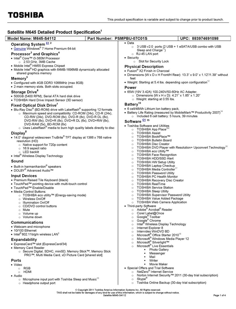 Toshiba M645-S4112 Specifications