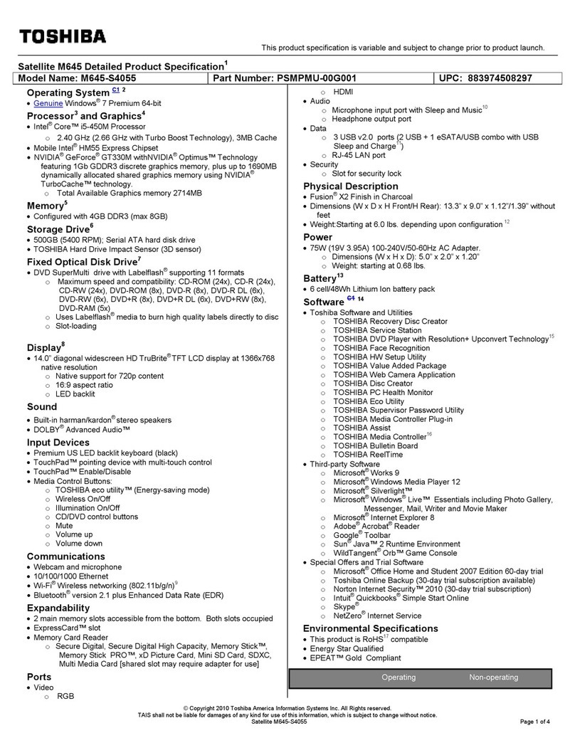 Toshiba M645-S4055 Specifications