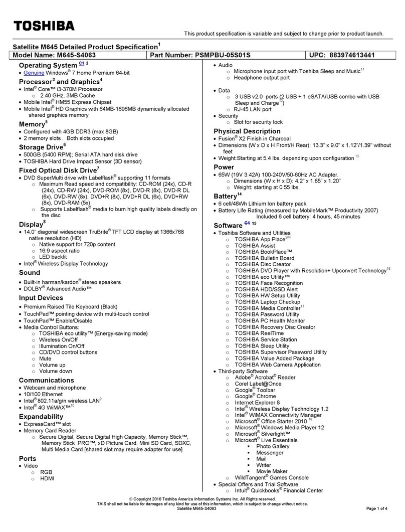Toshiba M645-S4063 Specifications